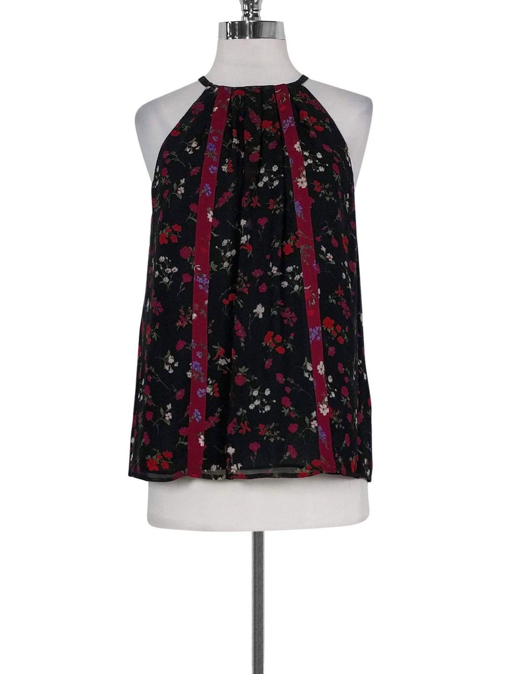 Joie Black Floral Halter Tank with Burgundy Stripe Accents - Picture 1 of 4